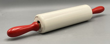 VINTAGE NUTBROWN MID CENTURY CERAMIC ROLLING PIN RED WOODEN HANDLES