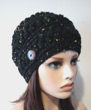 handmade crochet womans button hat beanie neon fleck black new