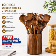 Premium Wooden Cooking Utensils Set Acacia Wood Kitchen Tools 10pcs Bpa Free