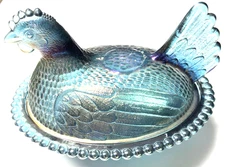 Vtg Indiana Glass Irridescent Carnival Blue Hen on Nest 7" Covered Candy Dish