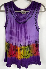 India Boutique Womens Boho Sleeveless TankTop Blouse Embroidered Tie Dye S