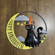 Black Cat Moon Halloween Wall Decor Sign 17.5  x14.5  Metal Clouds Stars Spider