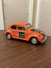 Vintage 1960s Orange VW Bug Battery Operated Metal Tin Toy Race Car Bump N  Go