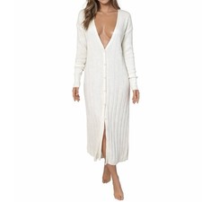 Free People Skylight Longline Ribbed duster Cardigan Ivory Sz LG button front