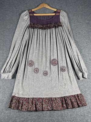 #ad Lucca Women’s Gray Dress Micro Floral Hem Sheer Details Long Sleeve Size M Boho $19.95