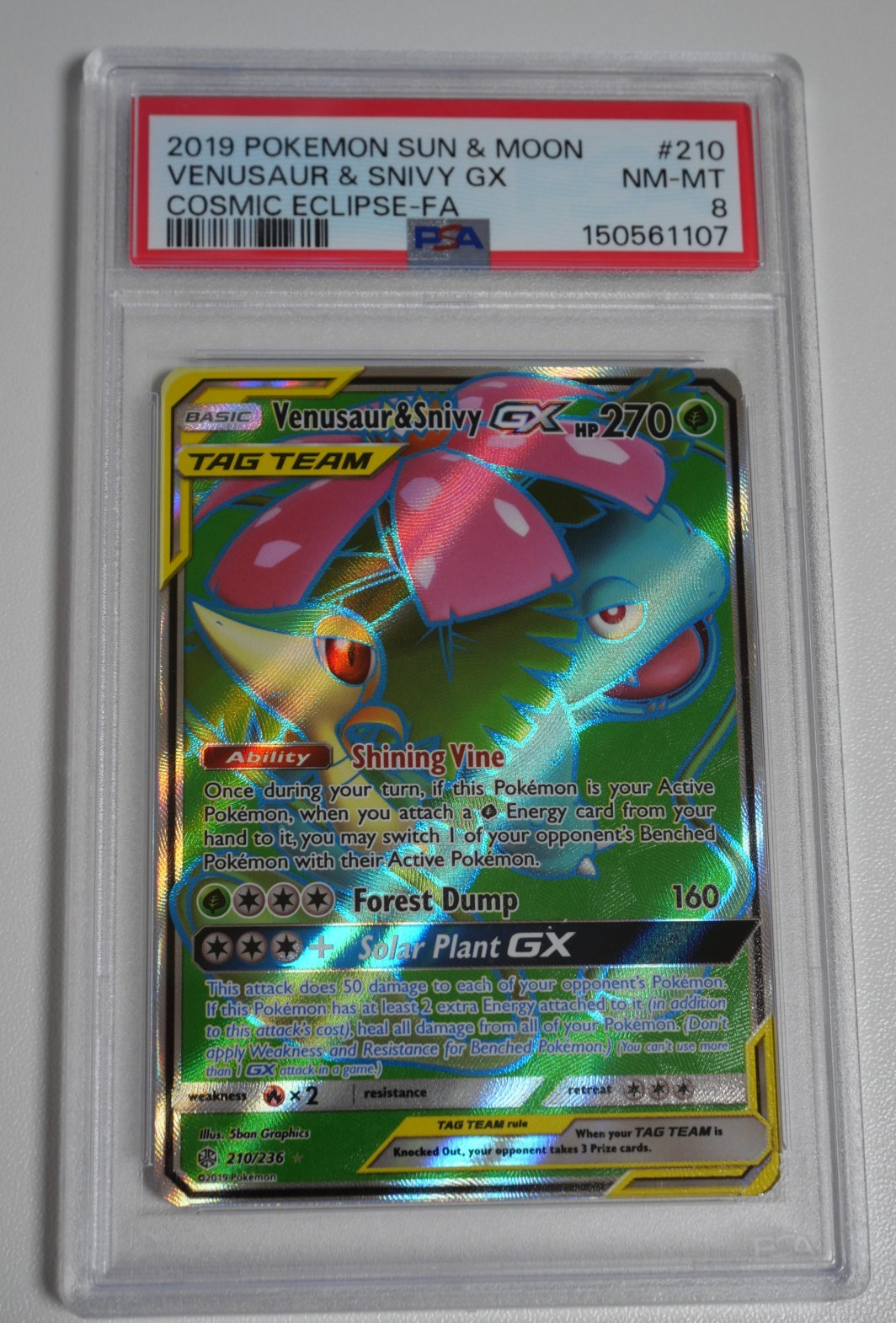 Tag team Venusaur & Snivy GX (Full Art) 210/236 Sm-Cosmic Eclipse Holo PSA8