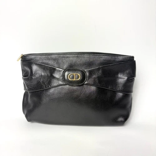 Christian Dior Cd Logo Leather Black Clutch Bag Pouch