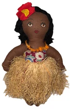 Vtg Waikiki Ruby Lane Hawaiian Hula Cloth Doll 10” Painted Face Hibiscus Flower