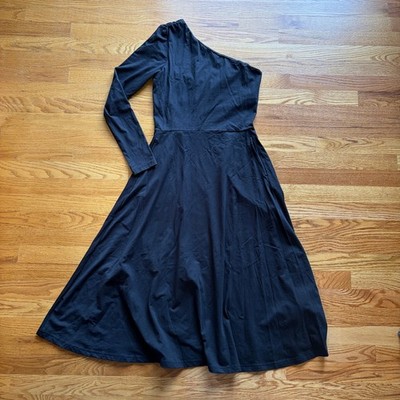 Pact Black Organic Cotton One Shoulder Fit & Flare Midi Dress Med LBD Goth Chic