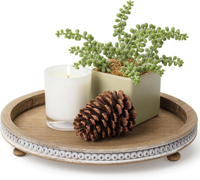 - round Decorative Trays for Coffee Table, 12'', Warm Brown, Wood Tripod & Beaded
