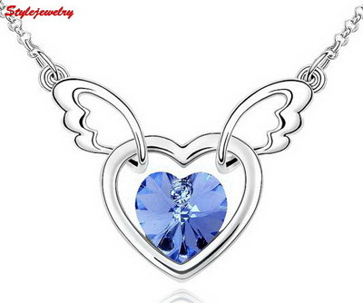 18k White Gold Filled Ocean Blue Crystal Heart Angle Wing Necklace N76