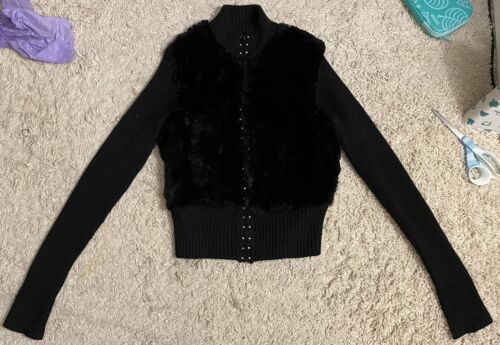 HEART black long sleeve knit rabbit fur jacket junior juniors large l - Picture 1 of 7