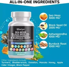Seamoss 3000mg Black Seed Oil 2000mg Ashwagandha 1000mg Burdock Root 1000mg