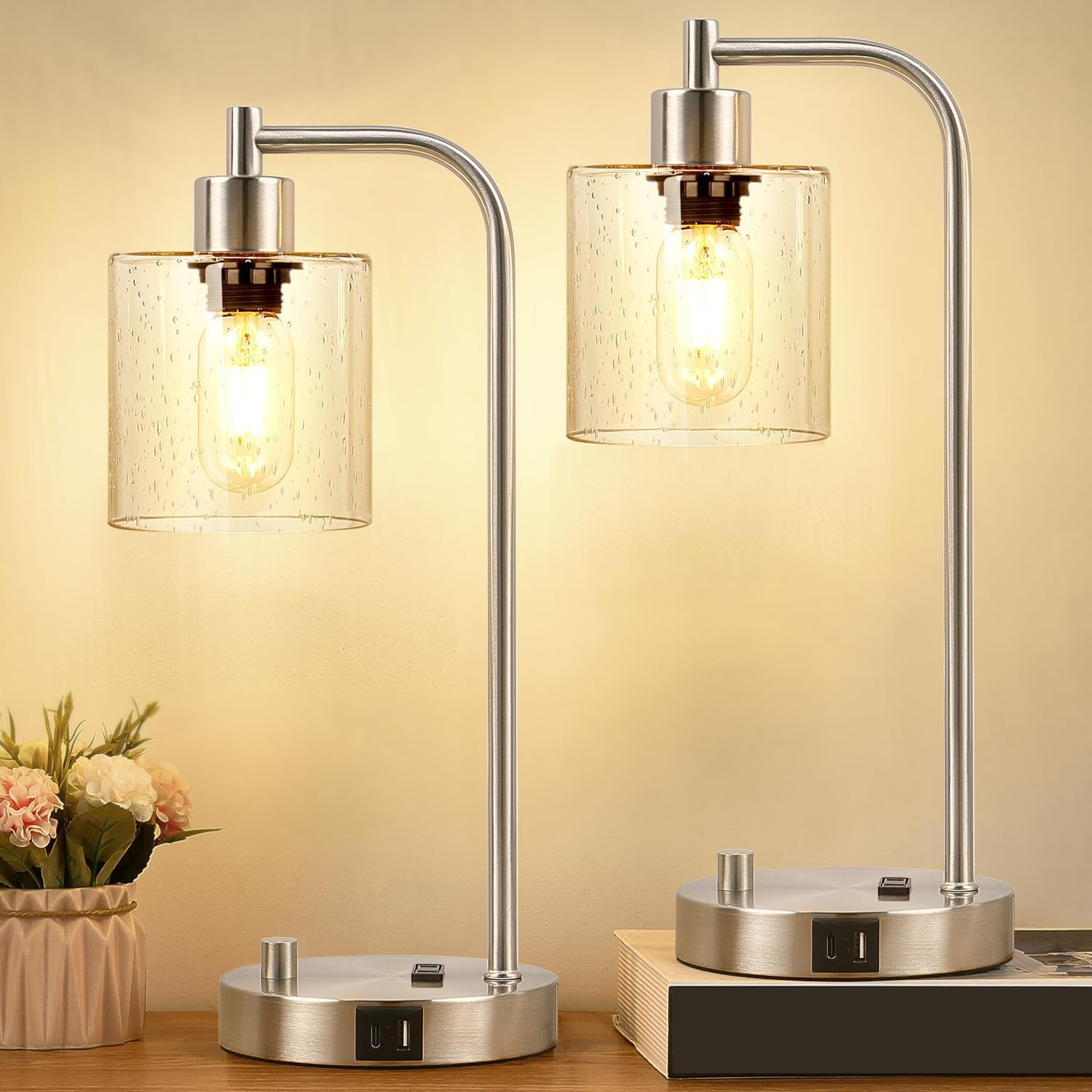【Upgraded】Set of 2 Industrial Table Lamps with 2 USB Port, Fully Stepless Dimmab