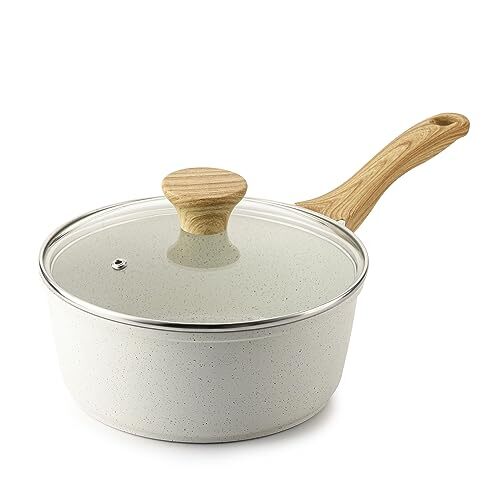 White Ceramic Nonstick Saucepan With Lid 2 Qt Small Cooking Pot With Stay Cool H
