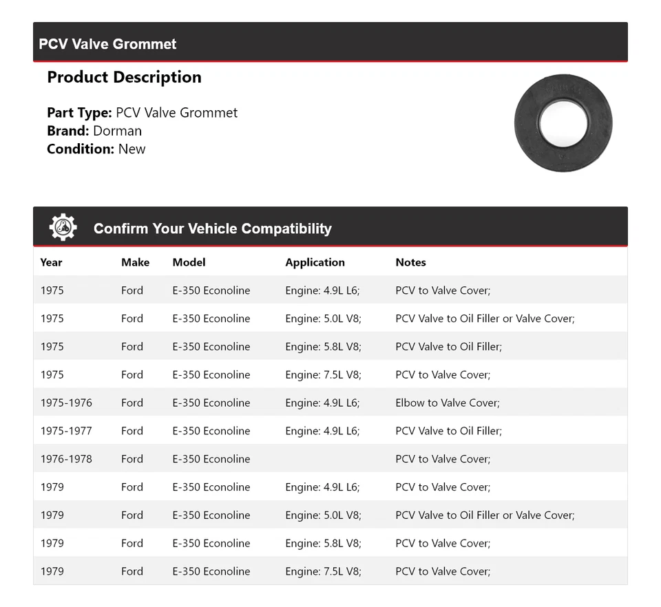 Para Ford E-350 Econoline Dorman 1975-1979 PCV ojal de válvula 1976 1977 1978 Foto 2 de 4