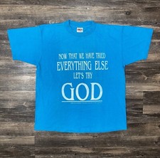 Vintage Lets Try GOD Jesus Tshirt Mens XL Blue Single Stitch Made In USA Tee
