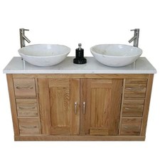 Bathroom Vanity Set Cabinet Double Twin Sink Bowl, Optional Tap & White Marble