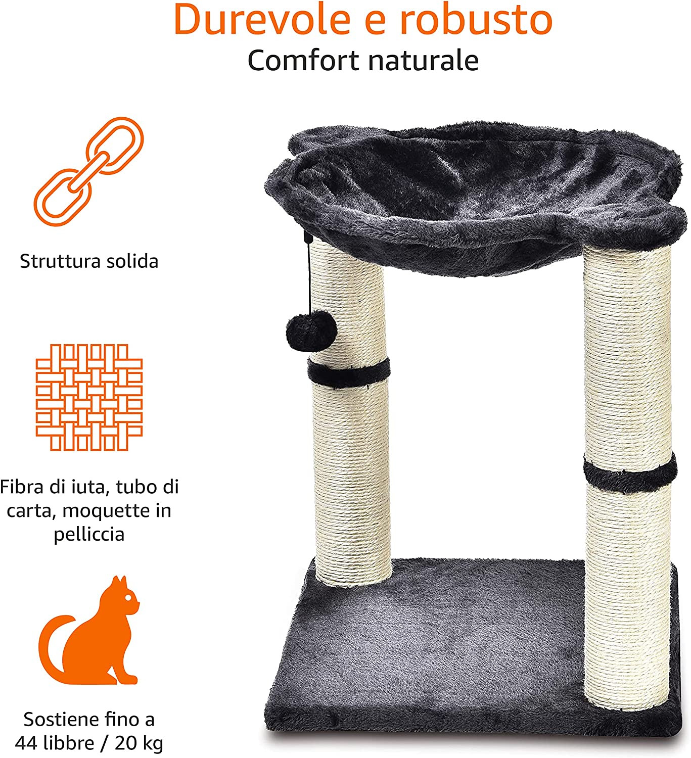 Albero Tiragraffi con Amaca per Gatti Media Taglia - Grigio 50cm - 3