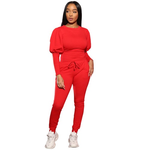 Stylish New Women's Long Puff Sleeves O Neck Solid Bodycon Casual Pants Set 2pcs - Bild 13 von 14