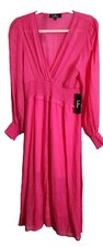 Lulus Go For It Bright Pink Long Sleeve Lined Midi Dress Fit Flare Smocked S NWT