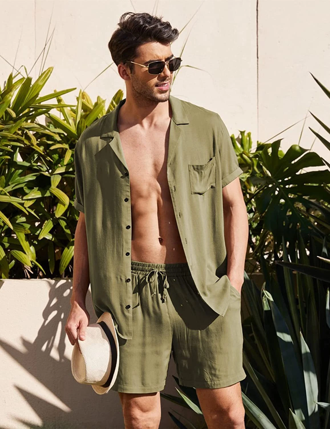 Summer Cotton Linen Shirt Set Men's Casual Outdoor 2-Piece Suit Beach Shirts