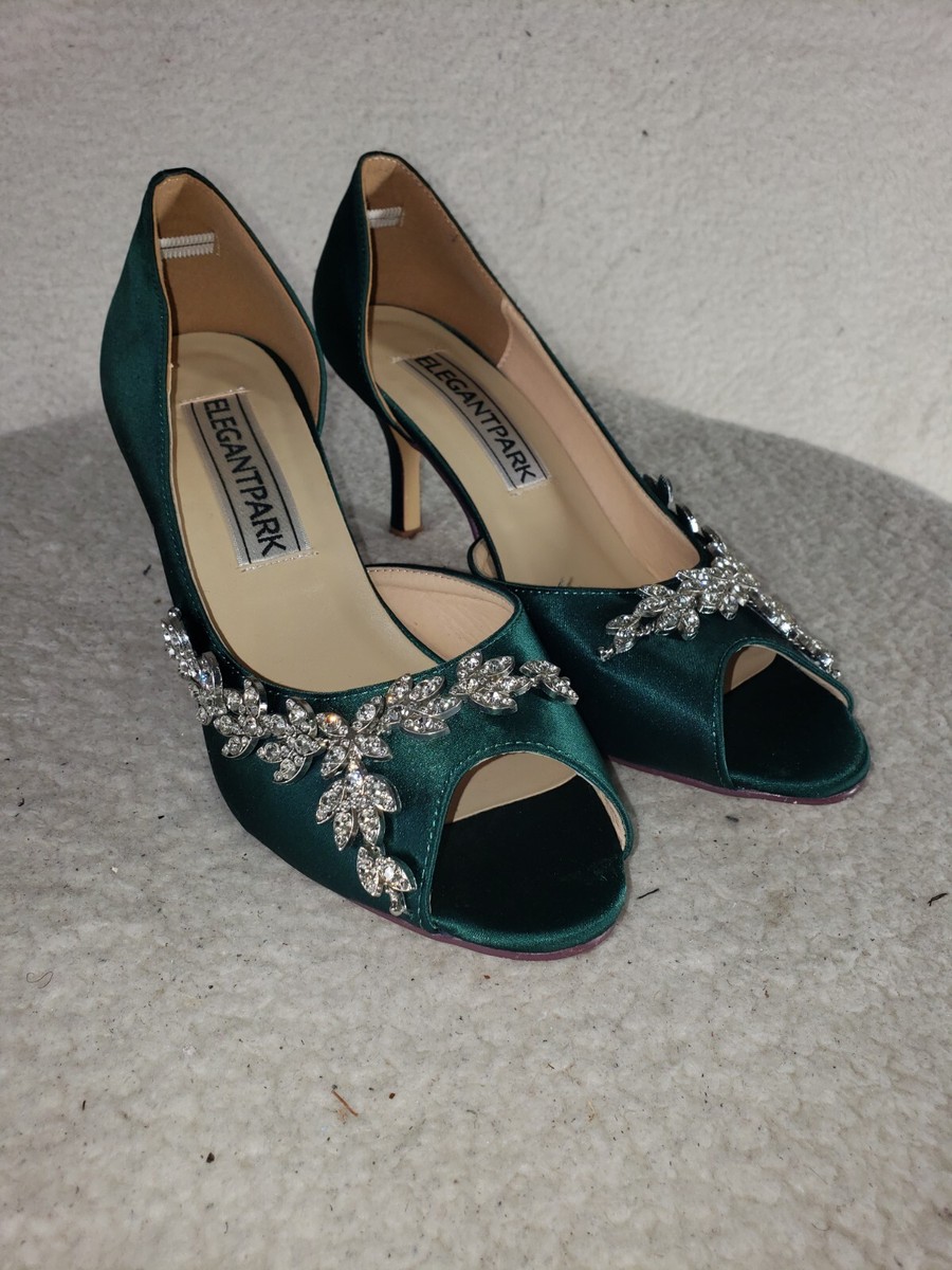 ElegantPark Women Pump Shoes 9 Green Satin Open Toe Studded D