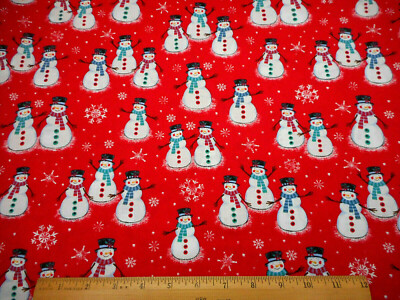 Christmas Fabric By Half-Yard Smiling Snowmen Snowflakes on Red Cotton #11A C
