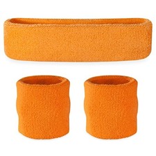 Sweatbands Set, Moisture Wicking 2 Wristbands and 1 Headband, Neon Orange