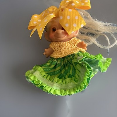 Miniature Doll Dress OOAK Handmade Fits 3  Doll Crochet Green And Yellow