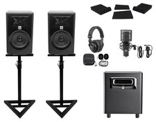 2 JBL 306P MkII 6" Powered Studio Monitors Stands Pads Subwoofer Headphones Mic