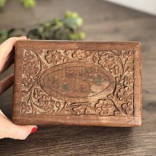 Vintage Hand Carved Wooden Trinket Box Jewellery Storage Floral Velvet Lined