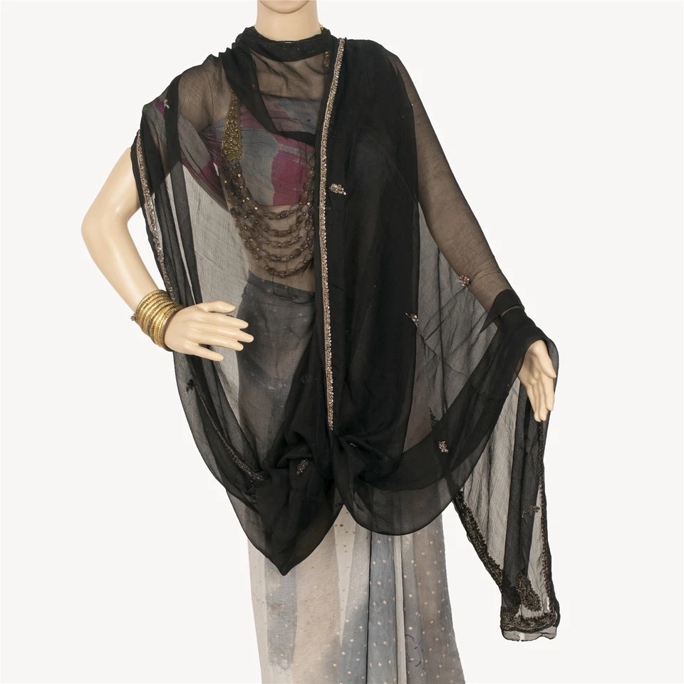 Санскрити винтажный Dupatta длинный украл чисто шифоновое шелк черный вручную бисером шарфы - Изображение 3 из 4