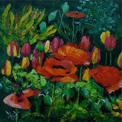 YARY DLUHOS Red Poppy Flowers Still Life Garden Floral Original Art Oil Painting