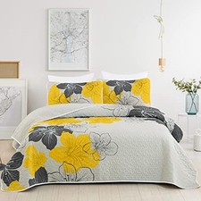 3 Pieces Quilt Set Queen Yellow Floral Pattern Quilt Coverlet Elegant Boho
