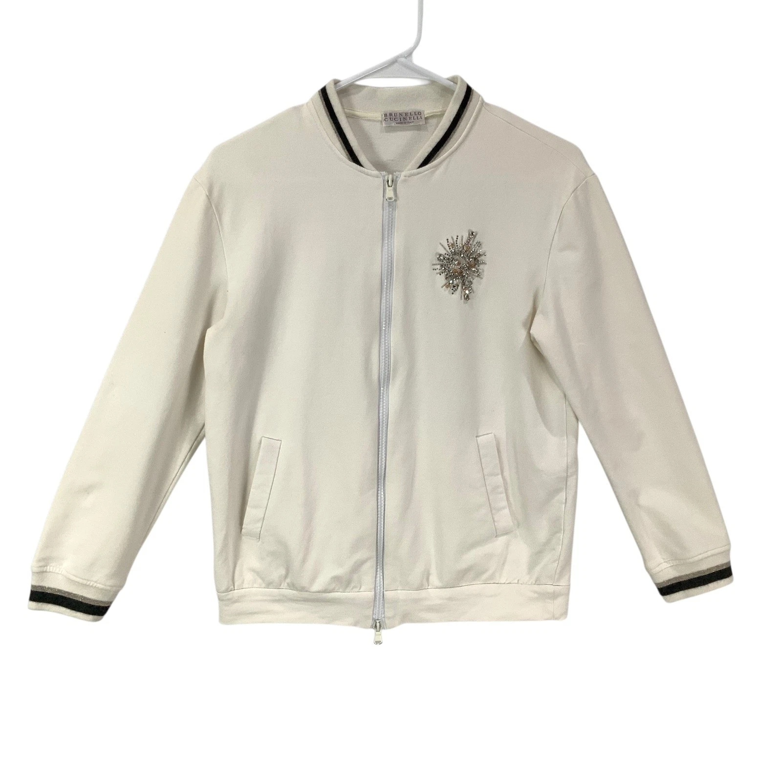Brunello Cucinelli — Brunello Cucinelli White Swarovski Crystals Bomber Jacket Made in Italy Size S