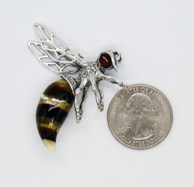 Large Multi Color Amber Sterling Silver Queen Bee Pendant, 9.21 Grams