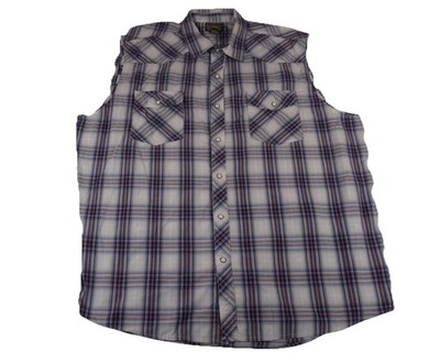 CE Schmidt Workwear Western Shirt Mens 2X White Blue Plaid Sleeveless Pearl Snap