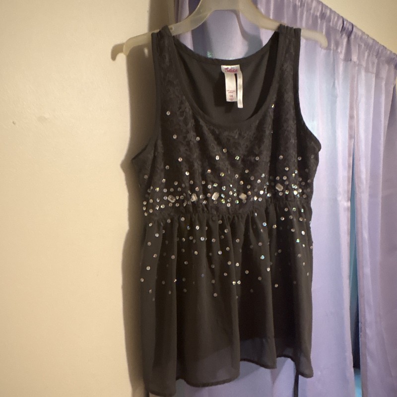 Justice Black Sequin Chiffon Tank Top Size 18 Scoop Neck Sheer Polyester