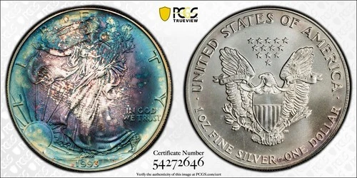 1993 AMERICAN SILVER EAGLE .. BLUE TONER PCGS MS68. True View Free Shipping.