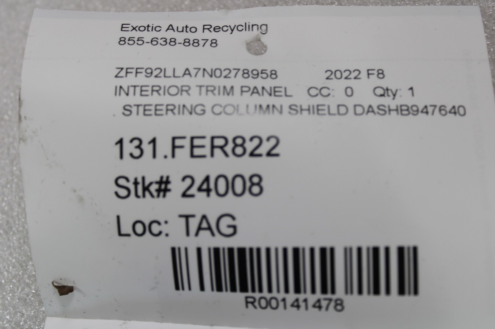 Ferrari F8 Tributo, Upper Column Cover, Used, P/N 947640