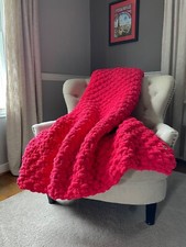Watermelon Pink Blanket - Chunky Knit Blanket - Bright Pink Chunky Blanket