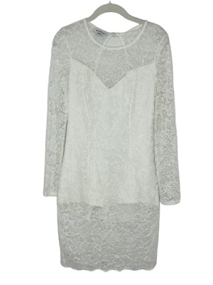 scallop lace dress bebe BEBE White Lace Long Sleeve Sweetheart Open Back Overlay Dress Sz Small