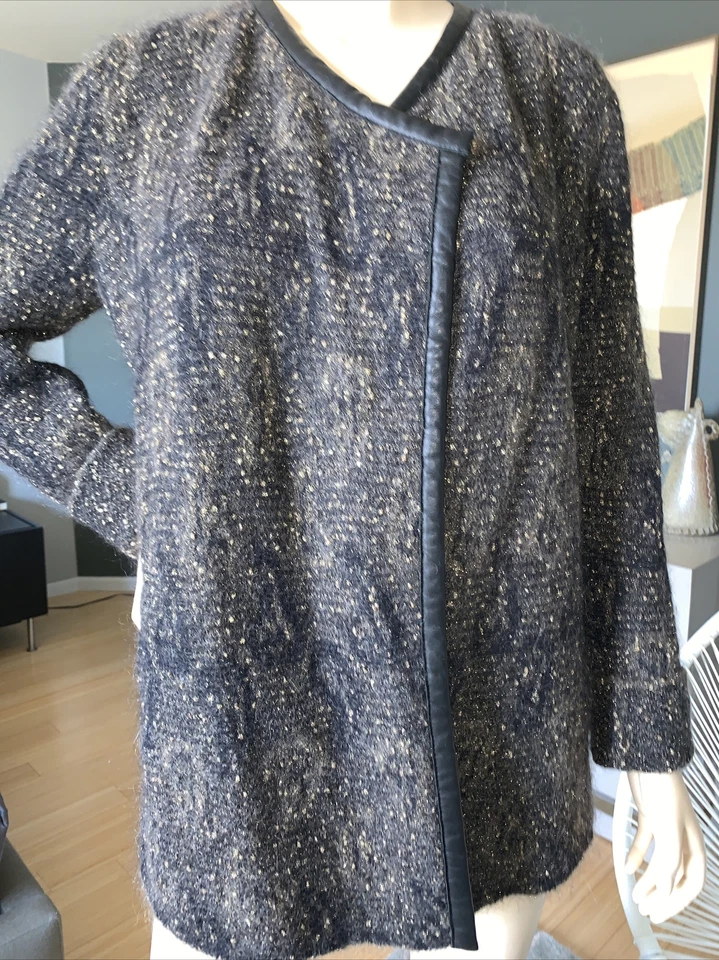Suéter Cárdigan Abierto Eileen Fisher Mezcla Mohair Cuero Metálico Borde Talla S Foto 4 de 4