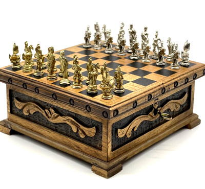 Trojan Metal Chess Pieces With Hidden Compartment Boxed Wooden Chess Board
