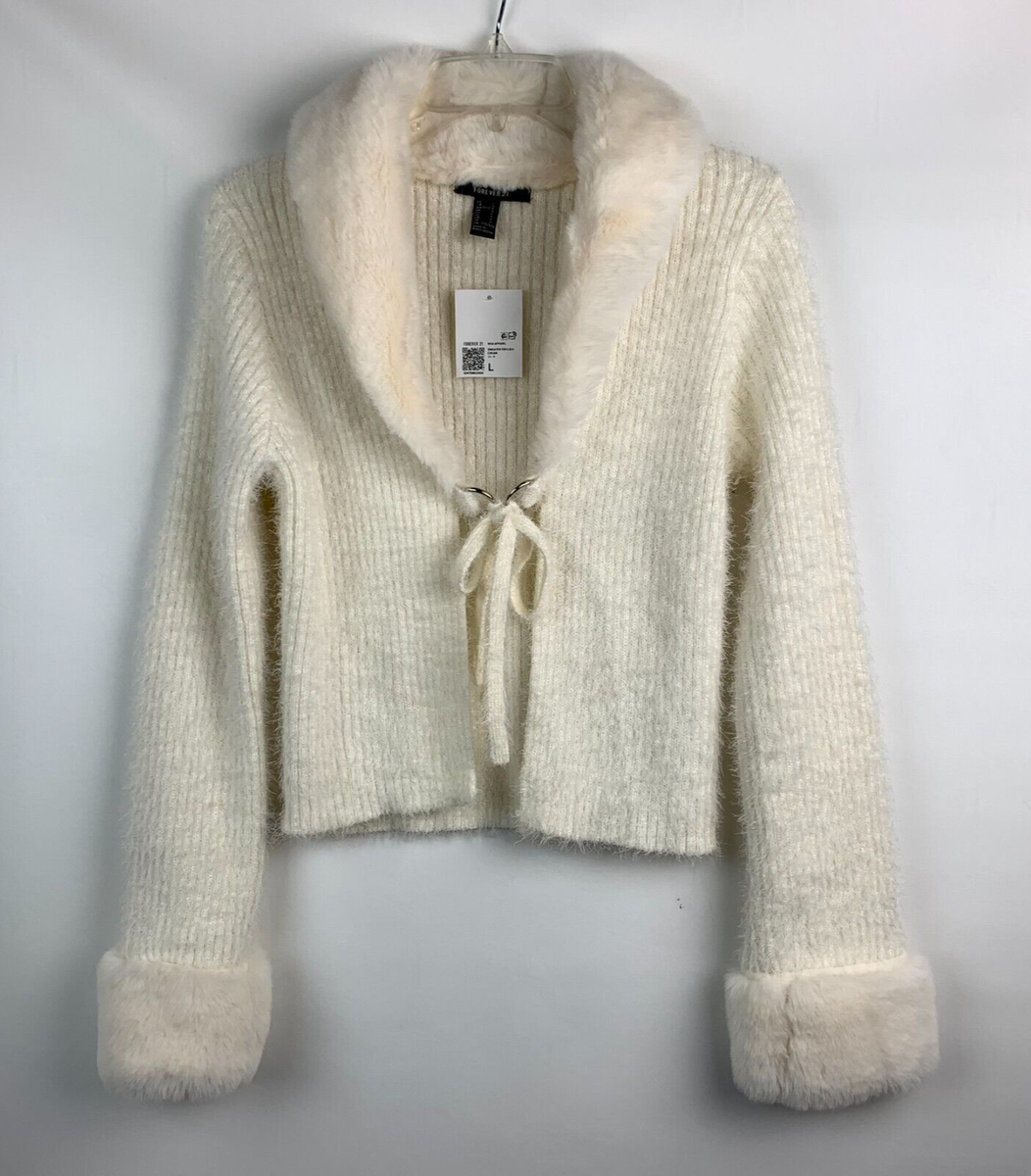 Forever 21 Sweater Creme Faux Fur Collar/Cuff V-Neck Tie Long Sleeve Size L  NEW
