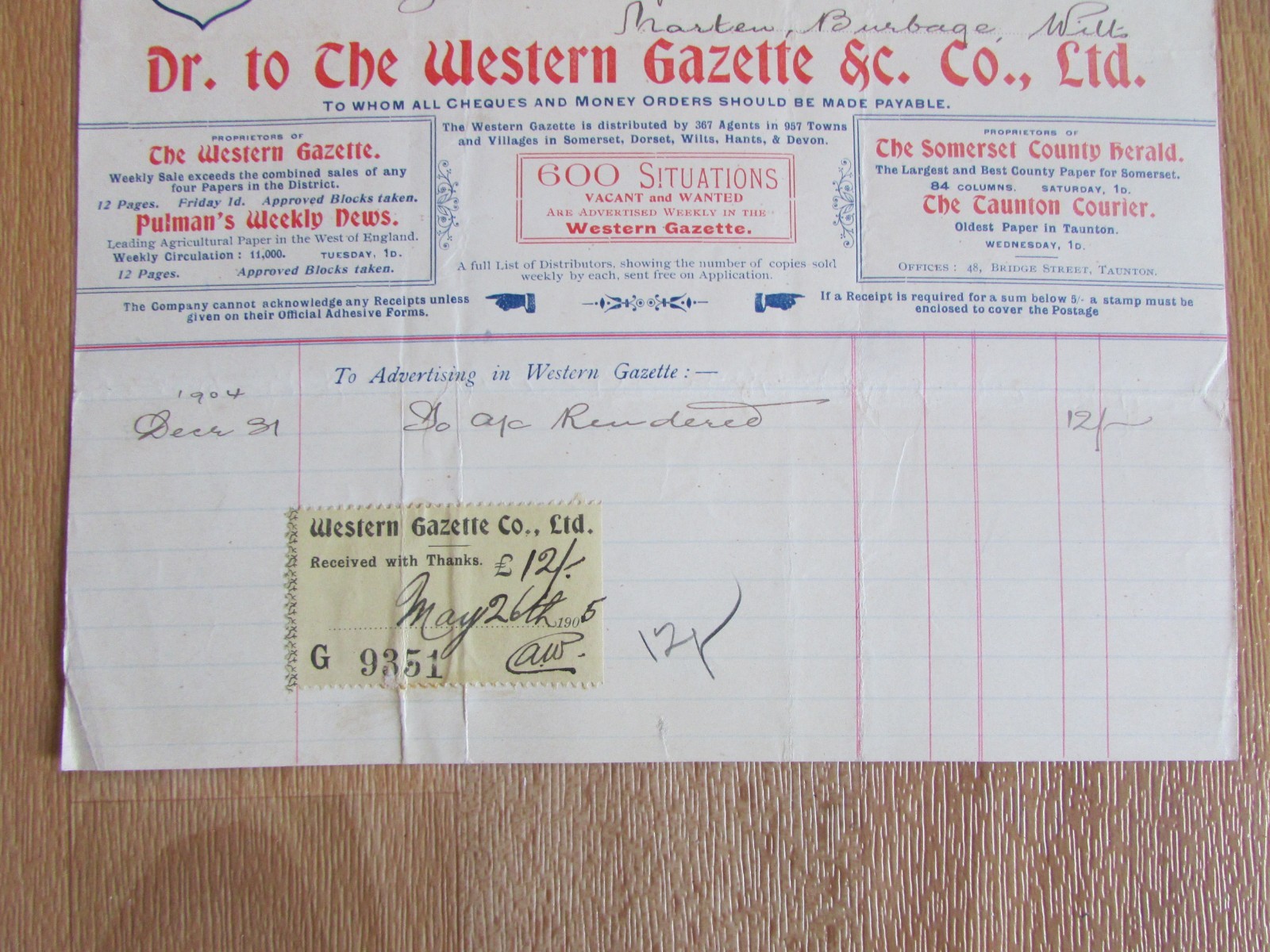 The Western Gazette Yeovil 1905 Local Newspaper Original Letterhead
