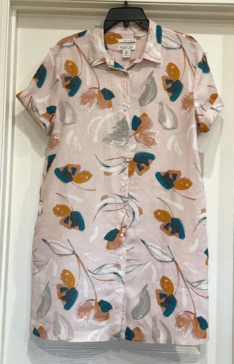 RACHEL ZOE 100% Linen Floral Button Up Shirt Dress Pockets Medium  Lightweight | eBay