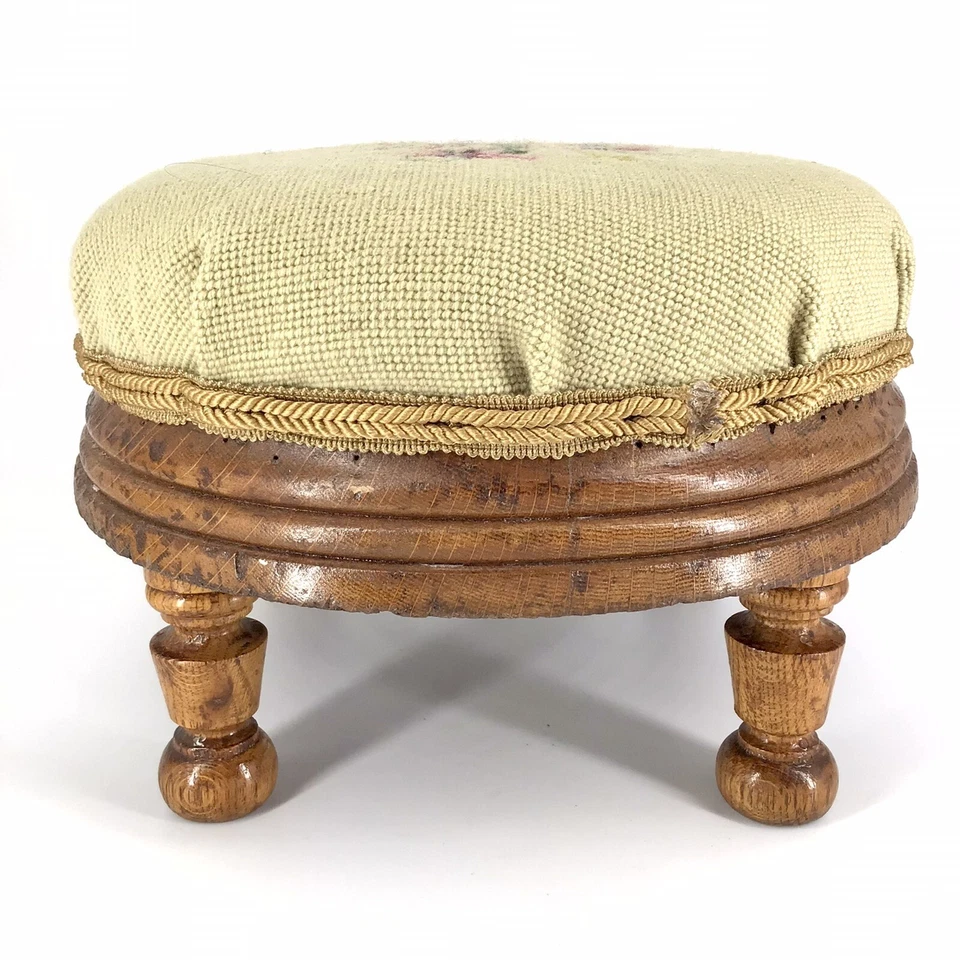 Wool Needlepoint Footstool Wood Base Legs Round Tan Floral Vintage - Image 4 of 4