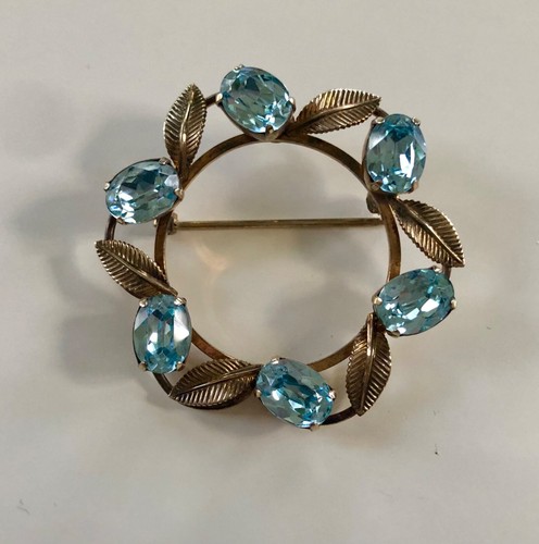 Vintage Van Dell   Blue Topaz Rhinestone Wreath Circle Brooch Pin Oval  Stones - Afbeelding 1 van 7